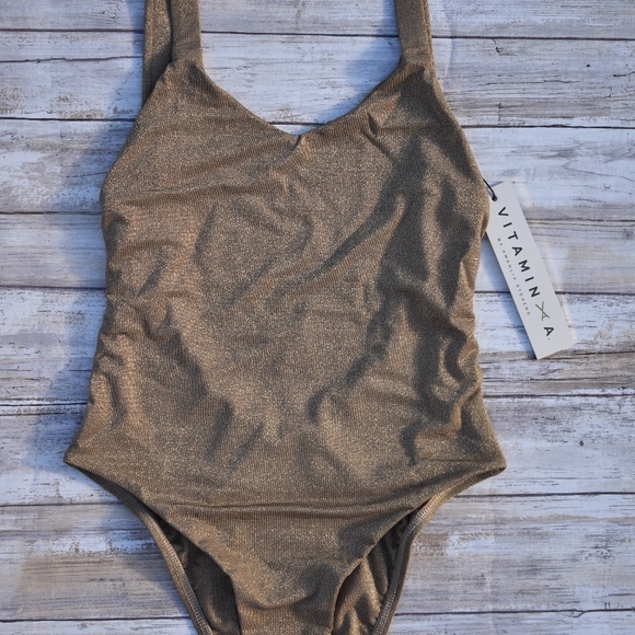 Vitamin A Swimwear Bronze Metallic LEAH High Cut One Piece Swimsuit Bodysuit - Picture 9 of 13